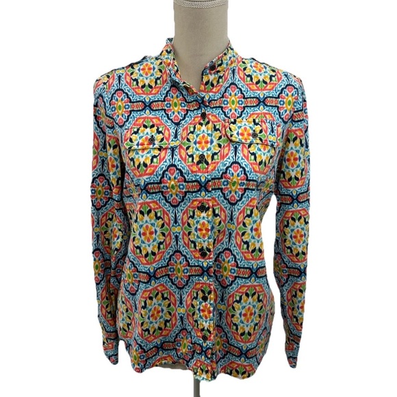 Jones New York Abstract Geometric Button Shirt Women’s Small Roll-Tab Cotton - Picture 1 of 9